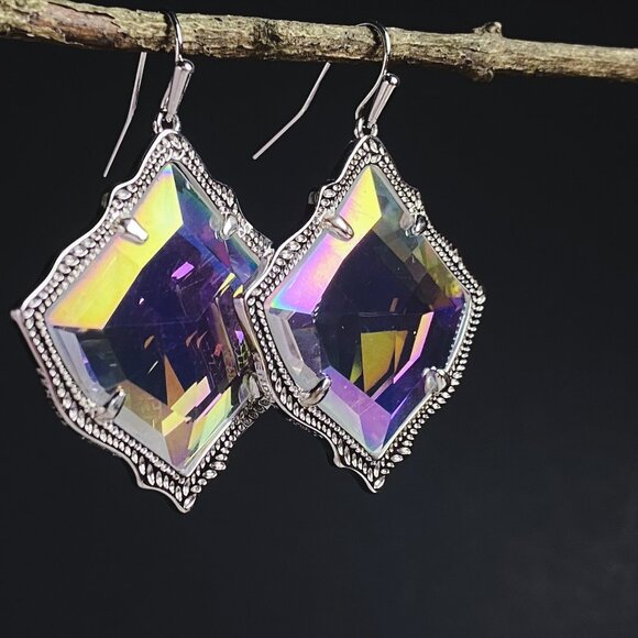 Kendra Scott Kirsten Dichroic Glass Rainbow Iridescent Faceted Silver Earrings - Picture 2 of 9